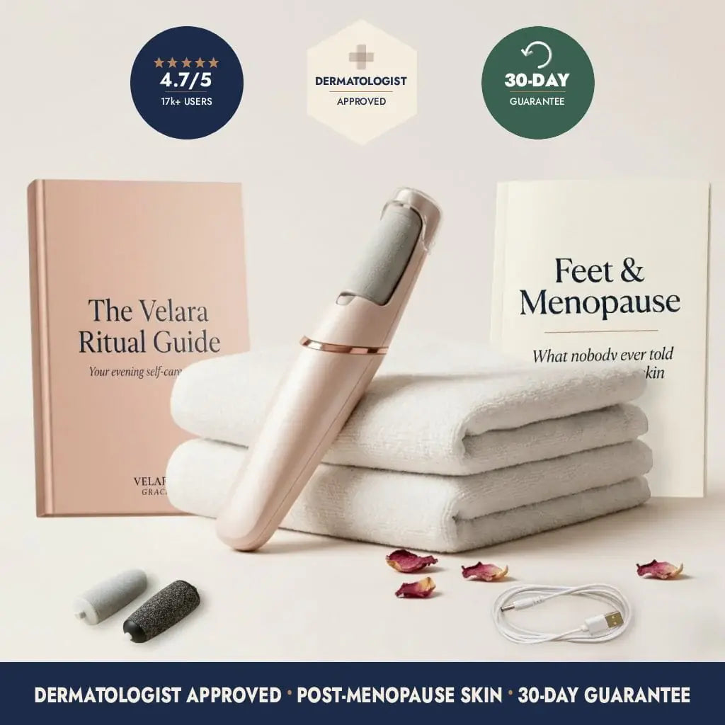 Velara Grace electric callus remover complete kit for post-menopause cracked heels. Includes rose gold foot file, replacement heads, and dermatologist recommended foot care guides.